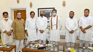 Ajay Maken with Rajasthan chief minister Ashok Gehlot and Sachin Pilot on August 13, 2020.(PTI Photo) Ajay Maken with Rajasthan chief minister Ashok Gehlot and Sachin Pilot on August 13, 2020.(PTI Photo)