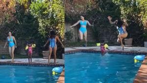 Sunny Leone swimming with daughter Nisha and a friend. Sunny Leone swimming with daughter Nisha and a friend.