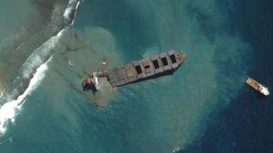 This satellite image provided by 2020 Maxar Technologies shows an aerial view on Saturday Aug. 15, 2020 of the MV Wakashio, a bulk carrier ship that recently ran aground off the southeast coast of Mauritius.(AP Photo) This satellite image provided by 2020 Maxar Technologies shows an aerial view on Saturday Aug. 15, 2020 of the MV Wakashio, a bulk carrier ship that recently ran aground off the southeast coast of Mauritius.(AP Photo)