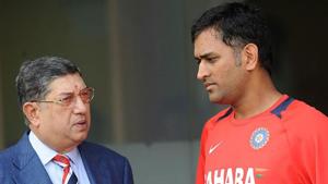 N Srinivasan and MS Dhoni having a chat.(BCCI Image) N Srinivasan and MS Dhoni having a chat.(BCCI Image)
