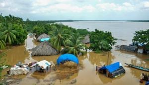 An inundated village in flood-affected East Godavari district, Tuesday, Aug. 18, 2020.(PTI photo) An inundated village in flood-affected East Godavari district, Tuesday, Aug. 18, 2020.(PTI photo)