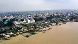 An aerial view of Kangan ghat submerged in flood water on the bank of river Ganga in Patna on Tuesday.(ANI) An aerial view of Kangan ghat submerged in flood water on the bank of river Ganga in Patna on Tuesday.(ANI)