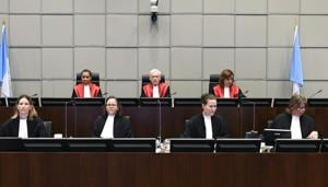 Presiding Judge, Judge David Re, top centre, with Judge Janet Nosworthy, left, and Judge Micheline Braidy, during a session of the United Nations-backed Lebanon Tribunal in Leidschendam, Netherlands Tuesday Aug. 18, 2020.(AP photo) Presiding Judge, Judge David Re, top centre, with Judge Janet Nosworthy, left, and Judge Micheline Braidy, during a session of the United Nations-backed Lebanon Tribunal in Leidschendam, Netherlands Tuesday Aug. 18, 2020.(AP photo)