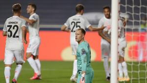Barcelona's goalkeeper Marc-Andre ter Stegen after conceding the eighth goal during the Champions League quarterfinal match between FC Barcelona and Bayern Munich at the Luz stadium in Lisbon, Portugal, Friday, Aug. 14, 2020. Gerard Piqué says Barcelona Barcelona's goalkeeper Marc-Andre ter Stegen after conceding the eighth goal during the Champions League quarterfinal match between FC Barcelona and Bayern Munich at the Luz stadium in Lisbon, Portugal, Friday, Aug. 14, 2020. Gerard Piqué says Barcelona