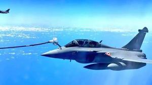 The Rafale aircraft being re-fuelled mid-air. (Photo @Indian_Embassy) The Rafale aircraft being re-fuelled mid-air. (Photo @Indian_Embassy)