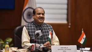 Lok Sabha Speaker Om Birla addresses the 5th World Conference of Speakers of Parliament via video conferencing at Parliament House in New Delhi on Thursday.(PTI PHOTO.) Lok Sabha Speaker Om Birla addresses the 5th World Conference of Speakers of Parliament via video conferencing at Parliament House in New Delhi on Thursday.(PTI PHOTO.)