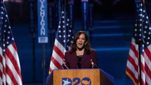 US Senator Kamala Harris accepting her nomination as 2020 Democratic vice presidential candidate.(REUTERS)