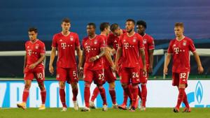 Bayern Munich's Robert Lewandowski celebrates scoring their third goal with teammates.(REUTERS) Bayern Munich's Robert Lewandowski celebrates scoring their third goal with teammates.(REUTERS)