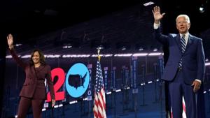 Democratic presidential candidate and former Vice President Joe Biden waves next to U.S. Senator Kamala Harris (D-CA) after she accepted the Democratic vice presidential nomination during an acceptance speech delivered for the largely virtual 2020 Democratic National Convention from the Chase Center in Wilmington.(REUTERS) Democratic presidential candidate and former Vice President Joe Biden waves next to U.S. Senator Kamala Harris (D-CA) after she accepted the Democratic vice presidential nomination during an acceptance speech delivered for the largely virtual 2020 Democratic National Convention from the Chase Center in Wilmington.(REUTERS)