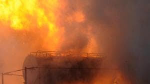 A view of the transformer up in flames inside the power substation after it caught fire, at Safipur village, in Sector 148, Noida A view of the transformer up in flames inside the power substation after it caught fire, at Safipur village, in Sector 148, Noida