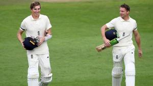 Zak Crawley (L) and Jos Buttler walk off the field at stumps on Day 1(AP Photo) Zak Crawley (L) and Jos Buttler walk off the field at stumps on Day 1(AP Photo)