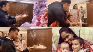 Salman Khan and his other family members perform Ganesh aarti at home. Salman Khan and his other family members perform Ganesh aarti at home.