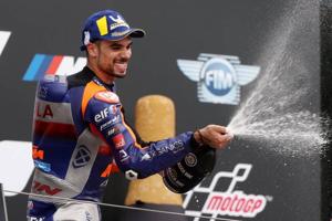 Red Bull KTM Tech 3’s Miguel Oliveira celebrates his win on the podium.(Reuters) Red Bull KTM Tech 3’s Miguel Oliveira celebrates his win on the podium.(Reuters)