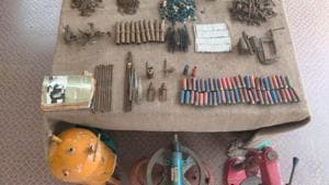 The police found forty-eight 12-Bore empty cartridge cases with caps, two 12 Bore live ammunition, 93 detonators, two gas cylinders, lathe machine, carbide gas welding cylinder, lathe accessories, iron scrap material and Maoist literature. (HT Photo) The police found forty-eight 12-Bore empty cartridge cases with caps, two 12 Bore live ammunition, 93 detonators, two gas cylinders, lathe machine, carbide gas welding cylinder, lathe accessories, iron scrap material and Maoist literature. (HT Photo)