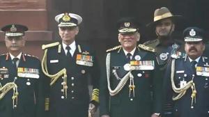 Chief of Defence Staff (CDS) General Bipin Rawat, second right, with Indian Air Force Air Chief Marshal Rakesh Kumar Singh Bhadauria, right, Indian Army Chief General Manoj Mukund Naravane, left, and the chief of Indian Naval staff Admiral Karambir Singh(AP File Photo) Chief of Defence Staff (CDS) General Bipin Rawat, second right, with Indian Air Force Air Chief Marshal Rakesh Kumar Singh Bhadauria, right, Indian Army Chief General Manoj Mukund Naravane, left, and the chief of Indian Naval staff Admiral Karambir Singh(AP File Photo)