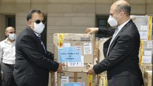 Indian ambassador, Suhel Ajaz Khan, handed over a consignment of medical aid, including 70 boxes of PPE kits, to Lebanon’s public health minister Hamad Hassan to help in the country’s fight against Covid-19.(MEA.) Indian ambassador, Suhel Ajaz Khan, handed over a consignment of medical aid, including 70 boxes of PPE kits, to Lebanon’s public health minister Hamad Hassan to help in the country’s fight against Covid-19.(MEA.)