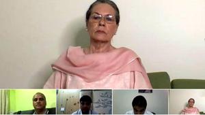 Congress president Sonia Gandhi at the Congress Working Committee's virtual meeting, in New Delhi on Monday.(ANI) Congress president Sonia Gandhi at the Congress Working Committee's virtual meeting, in New Delhi on Monday.(ANI)