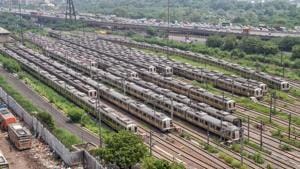 Metro trains are parked at DMRC depot in Delhi. Inspections conducted by forest department officials between February 25 and July 28 showed that six fully grown trees on the stretch were illegally uprooted or over-pruned during construction.(PTI/ Representative image) Metro trains are parked at DMRC depot in Delhi. Inspections conducted by forest department officials between February 25 and July 28 showed that six fully grown trees on the stretch were illegally uprooted or over-pruned during construction.(PTI/ Representative image)