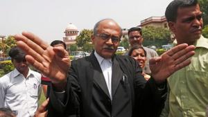 Prashant Bhushan, a senior lawyer representing the petitioner, speaks with the media outside the Supreme Court in New Delhi.(REUTERS) Prashant Bhushan, a senior lawyer representing the petitioner, speaks with the media outside the Supreme Court in New Delhi.(REUTERS)