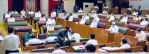 Leader of the opposition Bhupinder Singh Hooda and state home minister Anil Vij read out the obituary references soon after the Haryana assembly session got underway on Wednesday afternoon. MLAs were seen observing social distancing during the one-day session.(HT Photo) Leader of the opposition Bhupinder Singh Hooda and state home minister Anil Vij read out the obituary references soon after the Haryana assembly session got underway on Wednesday afternoon. MLAs were seen observing social distancing during the one-day session.(HT Photo)