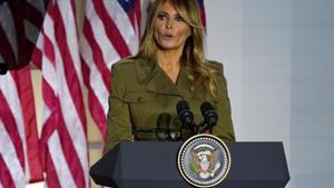 US first lady Melania Trump speaks at the Republican National Convention from the Rose Garden of the White House, on Tuesday.(AP Photo) US first lady Melania Trump speaks at the Republican National Convention from the Rose Garden of the White House, on Tuesday.(AP Photo)