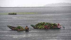 Women row their Shikara at the Dal Lake in Srinagar during a spell of rain on Wednesday.(Waseem Andrabi/HT PHOTO) Women row their Shikara at the Dal Lake in Srinagar during a spell of rain on Wednesday.(Waseem Andrabi/HT PHOTO)