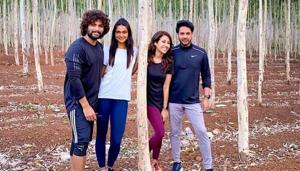 Allu Arjun with wife Sneha Reddy and friends. Allu Arjun with wife Sneha Reddy and friends.