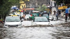 Cars seen nearly submerged on a heavily water-logged stretch of road following heavy rains, at Anand Parbat, in New Delhi.(Sanchit Khanna/ Hindustan Times) Cars seen nearly submerged on a heavily water-logged stretch of road following heavy rains, at Anand Parbat, in New Delhi.(Sanchit Khanna/ Hindustan Times)