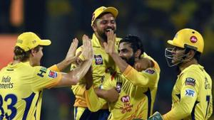 Chennai: Chennai Super Kings' (CSK) bowler Ravindra Jadeja celebrate with teammates after taking the wicket of DC's Chris Morris Indian Premier League 2019 (IPL T20) cricket match against Delhi Capitals (DC) at MAC Stadium in Chennai, Wednesday, May 1, 2019.(PTI) Chennai: Chennai Super Kings' (CSK) bowler Ravindra Jadeja celebrate with teammates after taking the wicket of DC's Chris Morris Indian Premier League 2019 (IPL T20) cricket match against Delhi Capitals (DC) at MAC Stadium in Chennai, Wednesday, May 1, 2019.(PTI)