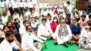 Congress leaders have been organising protests against the move to conduct the two examinations.(HT Photo) Congress leaders have been organising protests against the move to conduct the two examinations.(HT Photo)