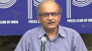 Lawyer Prashant Bhushan addresses a press conference in New Delhi on Monday.(ANI Photo) Lawyer Prashant Bhushan addresses a press conference in New Delhi on Monday.(ANI Photo)