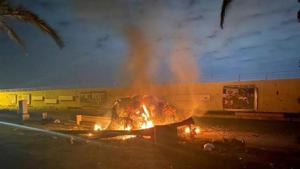 Burning debris are seen on a road near Baghdad International Airport, which according to Iraqi paramilitary groups were caused by three rockets hitting the airport in Iraq on January 3, 2020.(Reuters File Photo) Burning debris are seen on a road near Baghdad International Airport, which according to Iraqi paramilitary groups were caused by three rockets hitting the airport in Iraq on January 3, 2020.(Reuters File Photo)