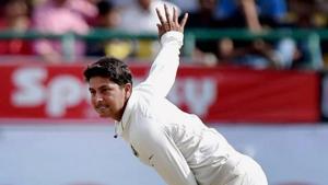 India's Kuldeep Yadav in action against Australia during the first day of last test match at Dharamsala.(PTI) India's Kuldeep Yadav in action against Australia during the first day of last test match at Dharamsala.(PTI)