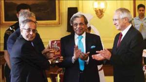 Former president Pranab Mukherjee with Nobel Laureate Amartya Sen and the author, N K Singh. Former president Pranab Mukherjee with Nobel Laureate Amartya Sen and the author, N K Singh.