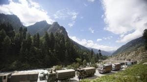 An Indian army convoy moves on the Srinagar- Ladakh highway at Gagangeer, northeast of Srinagar, India.(AP) An Indian army convoy moves on the Srinagar- Ladakh highway at Gagangeer, northeast of Srinagar, India.(AP)