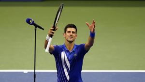 Novak Djokovic, of Serbia, reacts after defeating Damir Dzumhur, of Bosnia and Herzegovina, in the first round of the US Open tennis championships, Monday, Aug. 31, 2020, in New York. (AP Photo/Frank Franklin II)(AP) Novak Djokovic, of Serbia, reacts after defeating Damir Dzumhur, of Bosnia and Herzegovina, in the first round of the US Open tennis championships, Monday, Aug. 31, 2020, in New York. (AP Photo/Frank Franklin II)(AP)