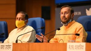 Union ministers Prakash Javadekar (right) and Jitendra Singh at a press briefing on Cabinet’s decisions on Wednesday.(Arvind Yadav/HT Photo) Union ministers Prakash Javadekar (right) and Jitendra Singh at a press briefing on Cabinet’s decisions on Wednesday.(Arvind Yadav/HT Photo)