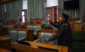 Polycarbonate sheet partitions have been installed between seats of legislators to check the spread of coronavirus infection as the Himachal Pradesh Vidhan Sabha’s monsoon session gets underway on September 7.(Deepak Sansta/HT) Polycarbonate sheet partitions have been installed between seats of legislators to check the spread of coronavirus infection as the Himachal Pradesh Vidhan Sabha’s monsoon session gets underway on September 7.(Deepak Sansta/HT)