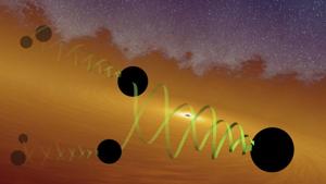 This illustration provided by LIGO/Caltech in September 2020 depicts two black holes of about 66 and 85 solar masses spiralling into each other to form the GW190521 black hole. Gravitational waves from the merger were detected by the LIGO and Virgo observatories in May 2019.(AP) This illustration provided by LIGO/Caltech in September 2020 depicts two black holes of about 66 and 85 solar masses spiralling into each other to form the GW190521 black hole. Gravitational waves from the merger were detected by the LIGO and Virgo observatories in May 2019.(AP)