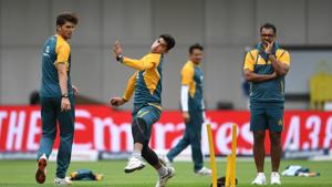 Nasim Shah of Pakistan bowls watched on by Shaheen Afridi and Pakistan’s bowling coach Waqar Younis during a nets session at Old Trafford, Manchester.(PA Images via Getty Images) Nasim Shah of Pakistan bowls watched on by Shaheen Afridi and Pakistan’s bowling coach Waqar Younis during a nets session at Old Trafford, Manchester.(PA Images via Getty Images)