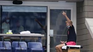 Alexander Zverev, of Germany, waves from his suite during the second round of the US Open tennis championships, Thursday, Sept. 3, 2020, in New York. (AP Photo/Seth Wenig)(AP) Alexander Zverev, of Germany, waves from his suite during the second round of the US Open tennis championships, Thursday, Sept. 3, 2020, in New York. (AP Photo/Seth Wenig)(AP)