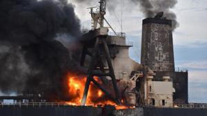 Following the fire and an explosion, at least one member of the 23-strong crew of the tanker was reported missing and presumed dead, a Sri Lankan Navy spokesman said(INDIAN COAST GUARD/TWITTER) Following the fire and an explosion, at least one member of the 23-strong crew of the tanker was reported missing and presumed dead, a Sri Lankan Navy spokesman said(INDIAN COAST GUARD/TWITTER)