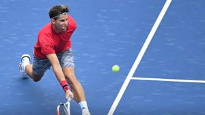 Dominic Thiem hits a volley against Sumit Nagal of India(Reuters) Dominic Thiem hits a volley against Sumit Nagal of India(Reuters)