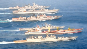 Rajnath Singh noted that these naval exercises demonstrated the common interests of both the nations in maritime security in the Indian Ocean Region.(ANI Twitter. Representative image) Rajnath Singh noted that these naval exercises demonstrated the common interests of both the nations in maritime security in the Indian Ocean Region.(ANI Twitter. Representative image)