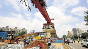 Gurugram, India-August 23: A view of the spot where a portion of the under-construction Sohna Elevated Road flyover collapsed on Sohna Road Sector-48 near Sispal Vihar, in Gurugram, India, on Sunday, August 23, 2020. The incident occured last night. (Photo by Parveen Kumar/Hindustan Times) Gurugram, India-August 23: A view of the spot where a portion of the under-construction Sohna Elevated Road flyover collapsed on Sohna Road Sector-48 near Sispal Vihar, in Gurugram, India, on Sunday, August 23, 2020. The incident occured last night. (Photo by Parveen Kumar/Hindustan Times)
