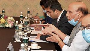 Defence Minister Rajnath Singh during a meeting with the Chinese Defence Minister General Fenghe, in Moscow.(PTI) Defence Minister Rajnath Singh during a meeting with the Chinese Defence Minister General Fenghe, in Moscow.(PTI)