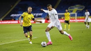 France’s Kylian Mbappe, right, scores a goal, and to the left, Sweden’s Sebastian Larsson, in action during the UEFA Nations League football match(AP Photo) France’s Kylian Mbappe, right, scores a goal, and to the left, Sweden’s Sebastian Larsson, in action during the UEFA Nations League football match(AP Photo)