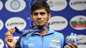 Nur-Sultan: Rahul Balasaheb Aware, of India, poses for a photo as he celebrates his victory over Tyler Lee Graff, of USA, in their bronze match of the men's 61kg category during the Wrestling World Championships in Nur-Sultan, Kazakhstan, Sunday, Sept. 22, 2019. AP/PTI Photo (AP9_22_2019_000172B)(AP) Nur-Sultan: Rahul Balasaheb Aware, of India, poses for a photo as he celebrates his victory over Tyler Lee Graff, of USA, in their bronze match of the men's 61kg category during the Wrestling World Championships in Nur-Sultan, Kazakhstan, Sunday, Sept. 22, 2019. AP/PTI Photo (AP9_22_2019_000172B)(AP)