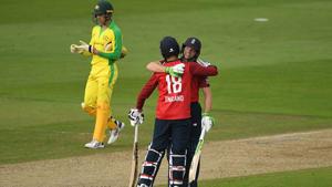 England beat Australia by six wickets in the second Twenty20 match as opening batsman Jos Buttler anchored the run chase to help the home side clinch the three-match series in Southampton on Sunday (getty) England beat Australia by six wickets in the second Twenty20 match as opening batsman Jos Buttler anchored the run chase to help the home side clinch the three-match series in Southampton on Sunday (getty)