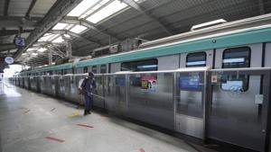 Preparations underway for the reopening of Aqua Metro Line, Noida on September 5.(Sunil Ghosh / HT photo) Preparations underway for the reopening of Aqua Metro Line, Noida on September 5.(Sunil Ghosh / HT photo)